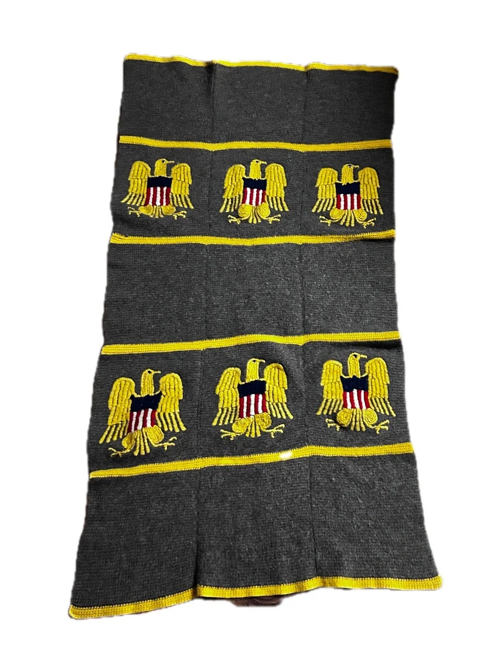 Handmade ~ Vintage ~ Gray ~ Patriotic/ Army Gold Eagle Embroidery ~ Wool Blanket